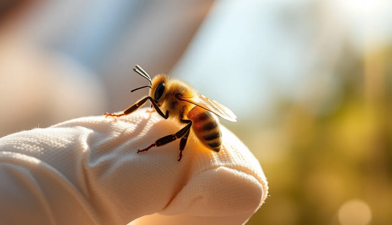 Gloved finger holding a honey bee with a varroa mite visible on its abdomen