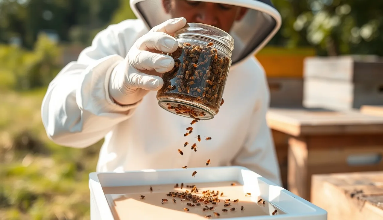 Beekeeper counting varroa mites in alcohol wash tray beside open hive boxes