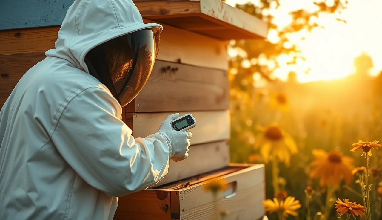 Beekeeper checking hive temperature with a digital probe during varroa thermal treatment