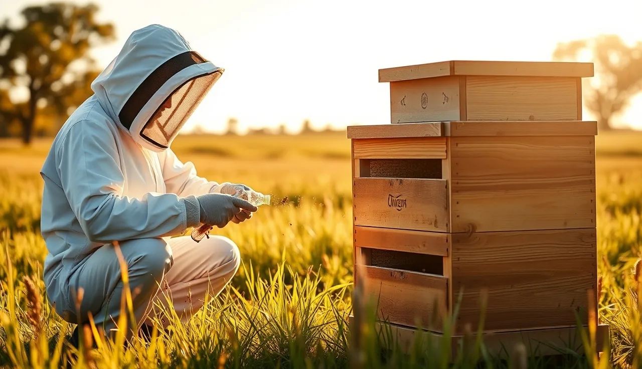 Beekeeper performing varroa alcohol wash mite count beside a hive in Australian paddock