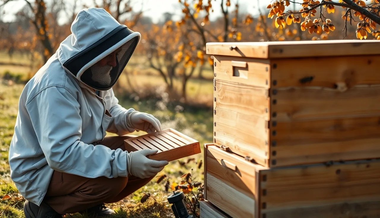 Beekeeper inspecting open hive frames during fall varroa mite treatment