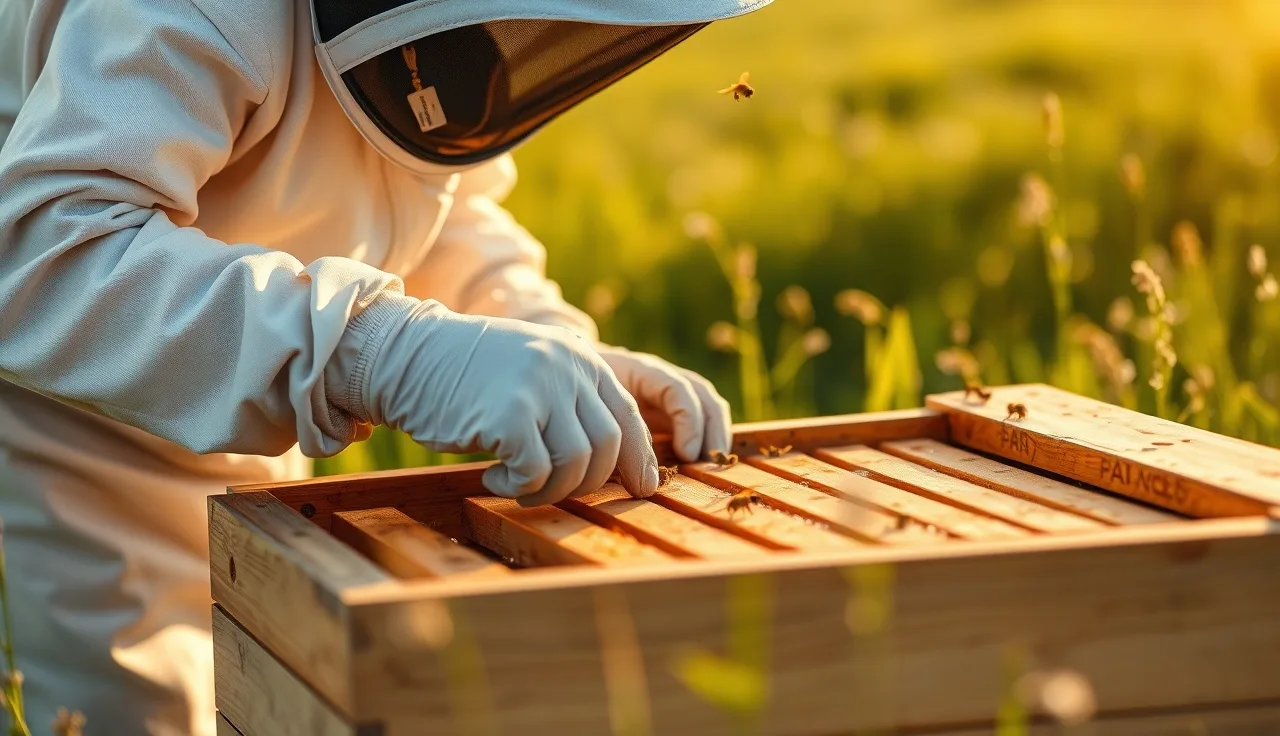 Beekeeper applying varroa mite treatment to a hive frame in a meadow