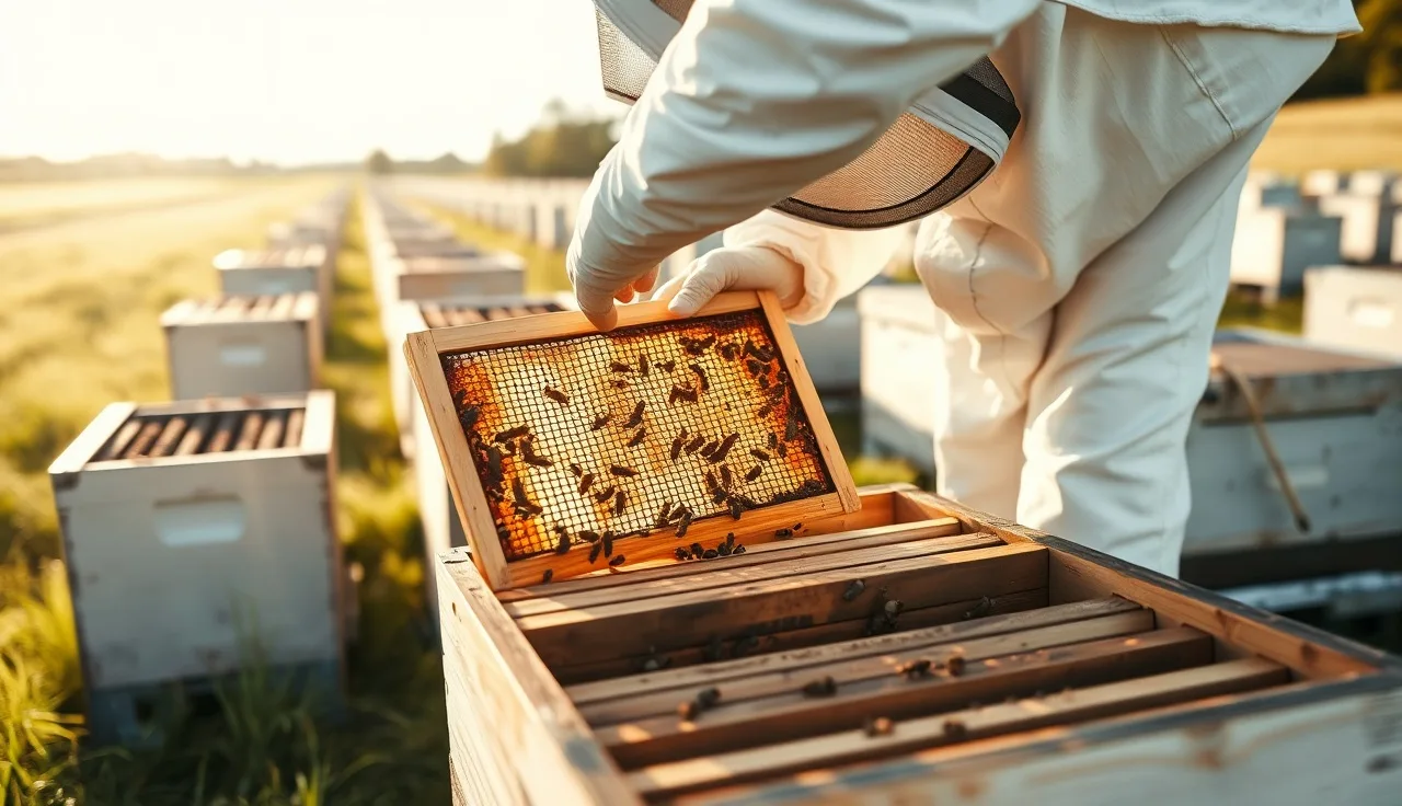 Beekeeper hanging a varroa mite treatment strip between brood frames in a wooden hive box
