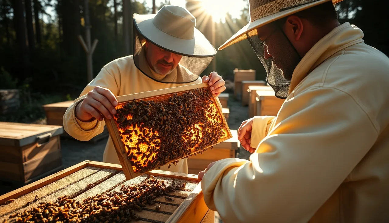 Beekeeper examining brood frame at outdoor apiary inspecting for varroa resistance