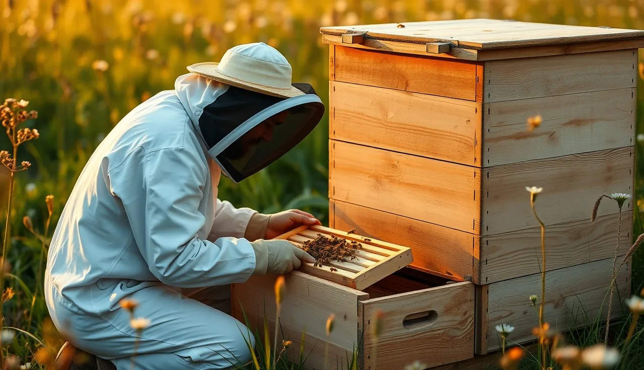Beekeeper inspecting a newly installed package colony on fresh drawn comb