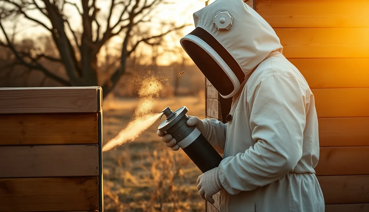 Beekeeper applying oxalic acid vaporizer treatment to hive in November