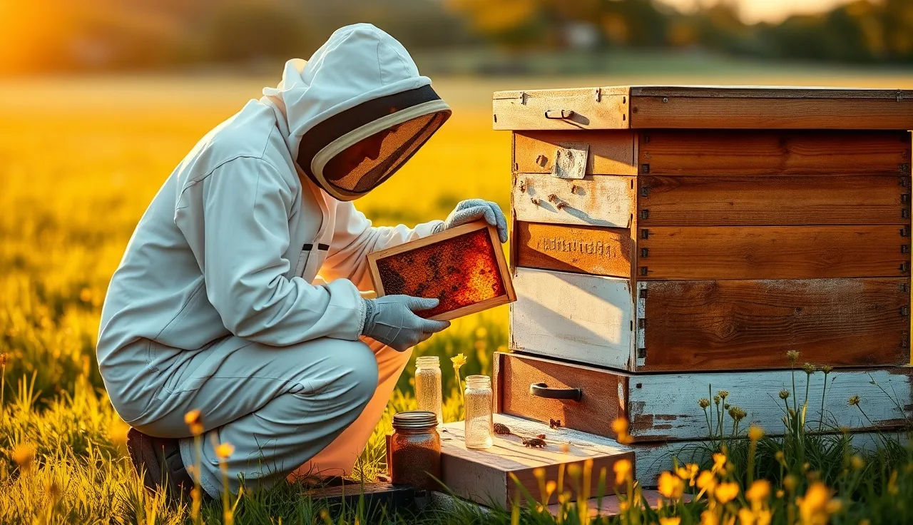 Beekeeper examining a brood frame while checking for varroa mites at dusk