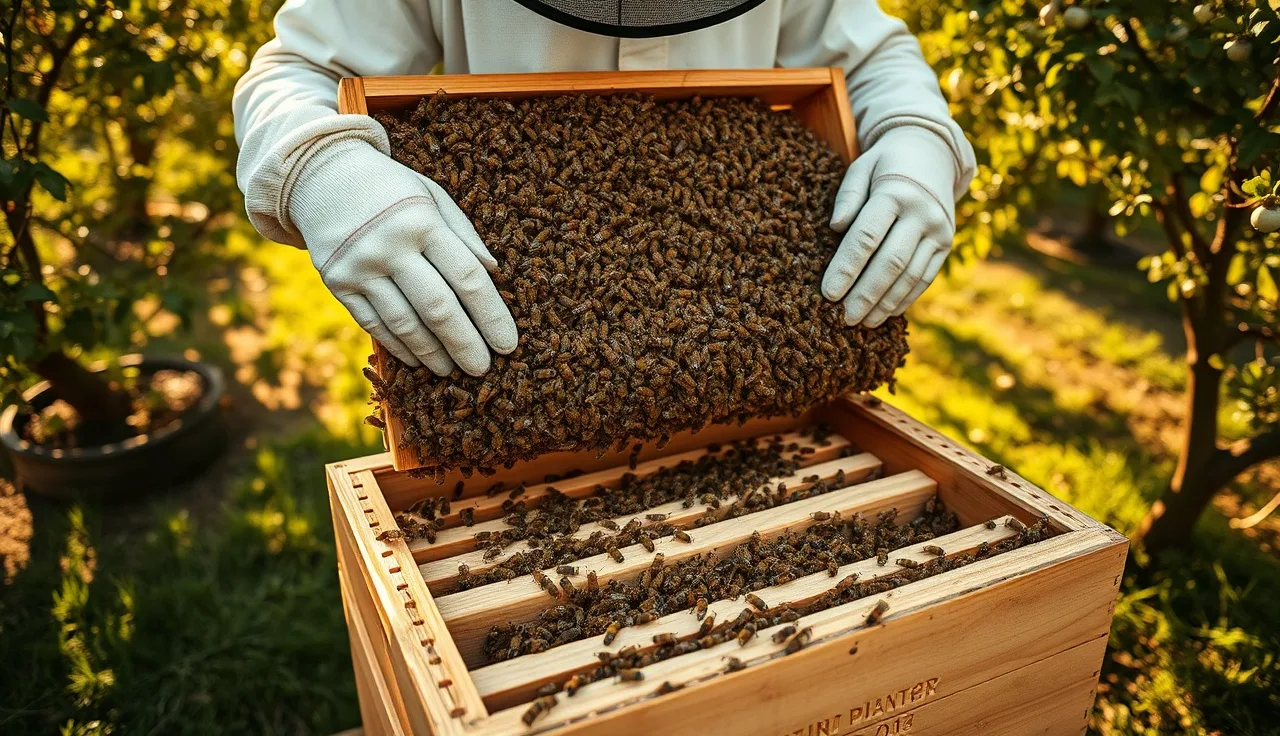 Beekeeper inspecting a brood frame during varroa treatment season