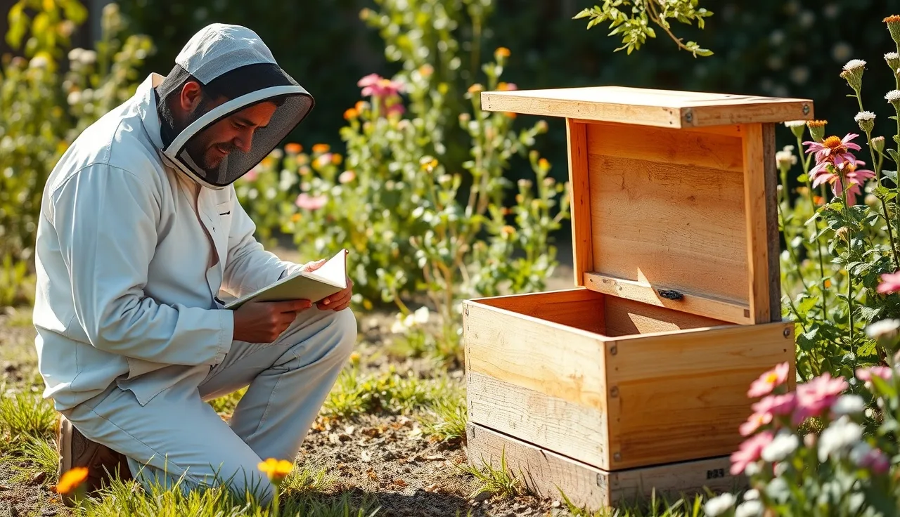 Beekeeper writing varroa treatment notes in a notebook beside an open hive