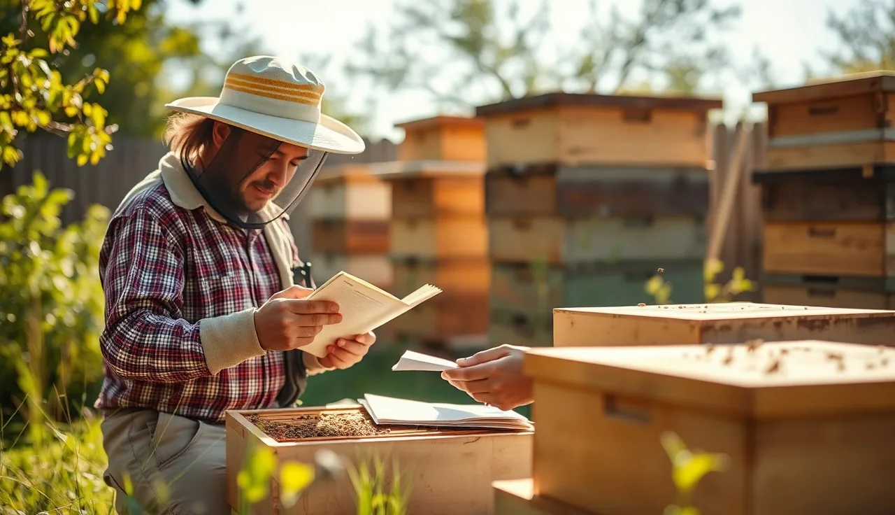 Beekeeper recording varroa mite wash results in a field notebook beside open hive