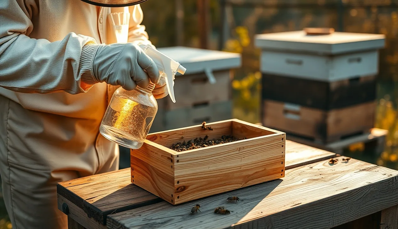 Beekeeper spraying oxalic acid treatment onto a package bee cage before installation