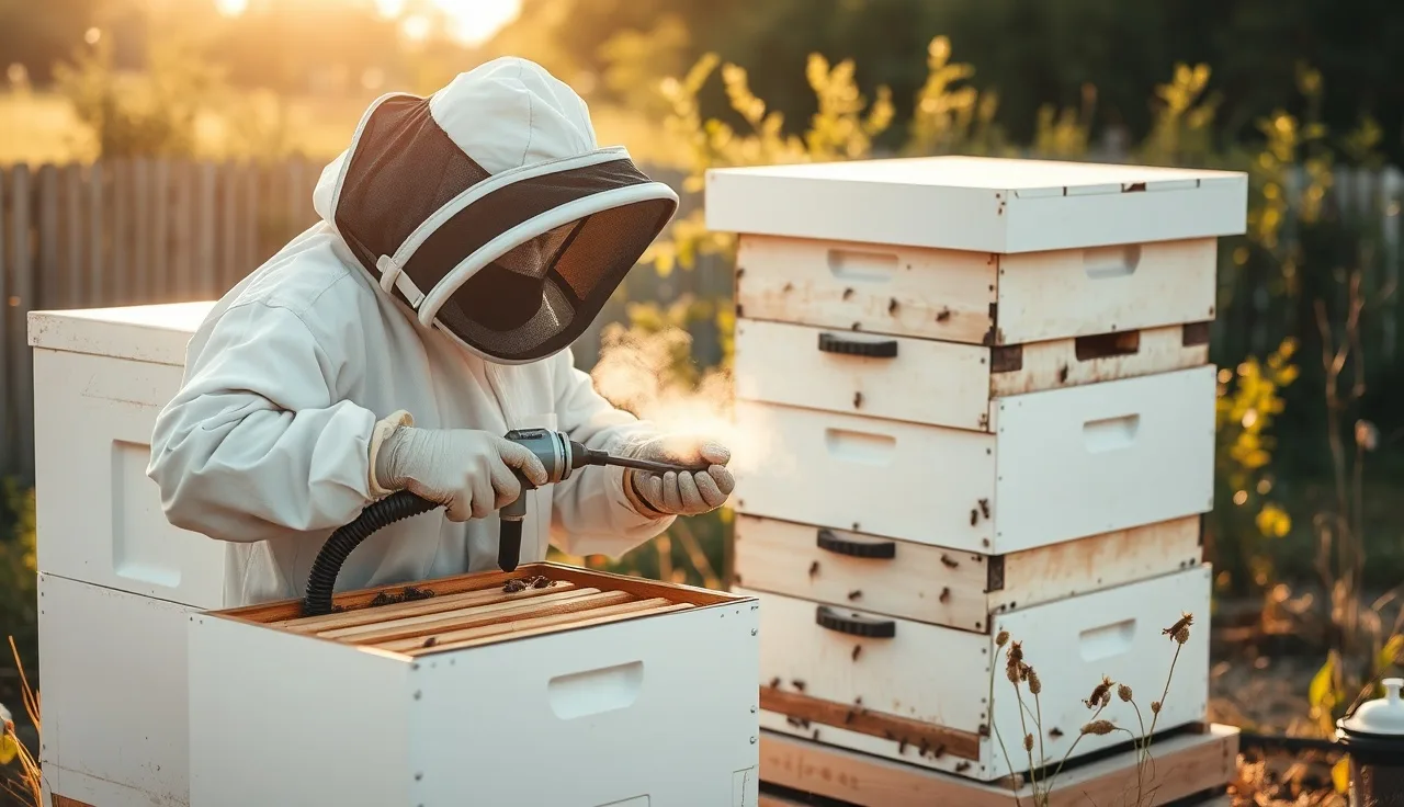 Beekeeper applying oxalic acid vapor treatment to hive with honey supers