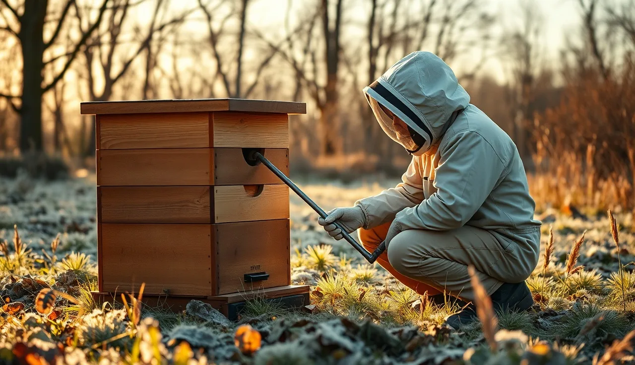 Beekeeper using an oxalic acid vaporizer wand at a hive entrance in autumn