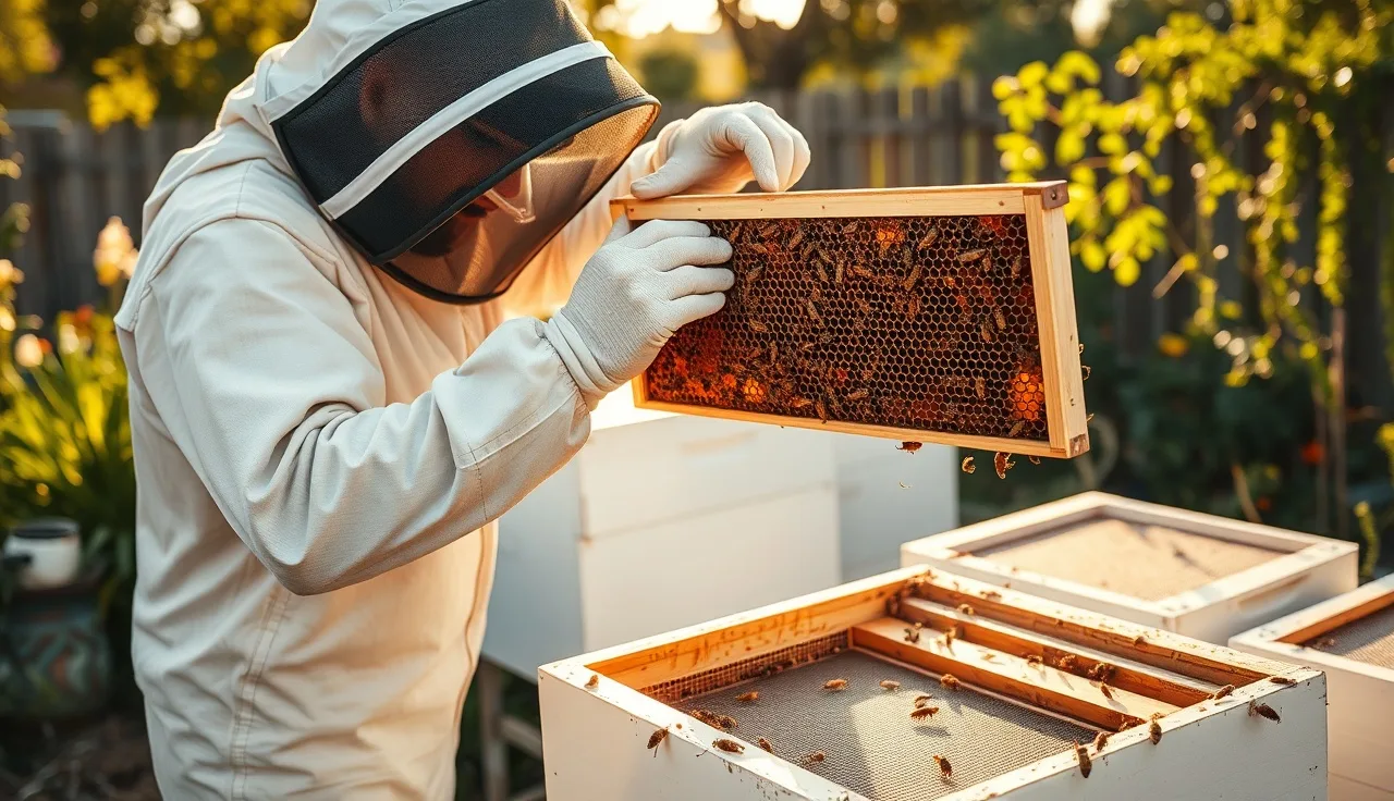 Beekeeper inspecting brood frame during formic acid treatment with screened bottom board open