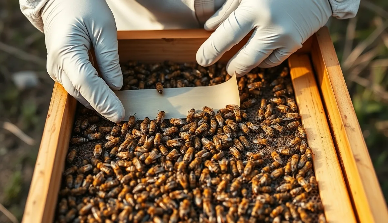 Beekeeper placing an amitraz treatment strip between brood frames in a hive