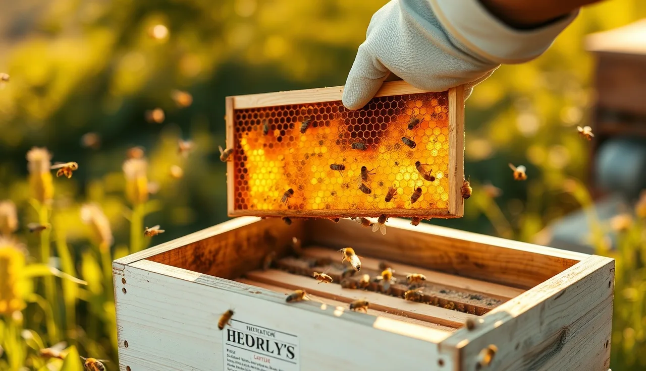Beekeeper inspecting honeycomb frame showing bees and brood cells with varroa mites visible