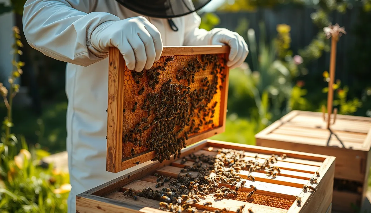 Beekeeper inspecting a brood frame from a VSH honey bee colony outdoors
