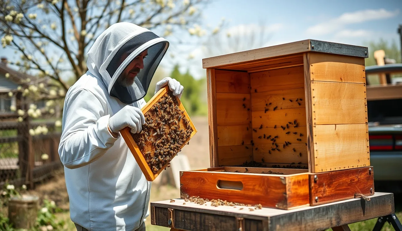 Beekeeper lifting a brood frame to perform a walk-away split for varroa management