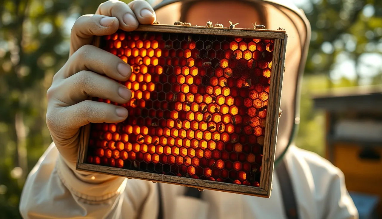 Beekeeper holding a dark old brood comb frame up to sunlight in an apiary