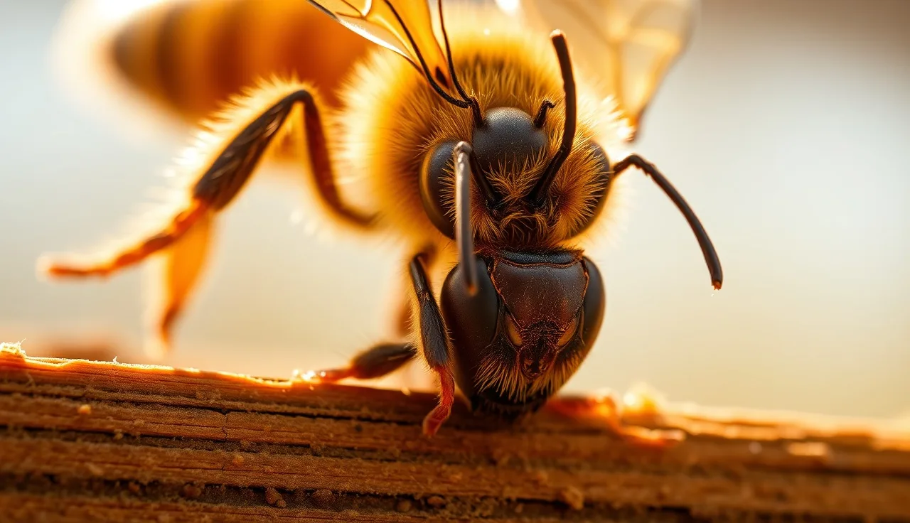 Close-up macro photo of a reddish-brown varroa mite on a honey bee abdomen