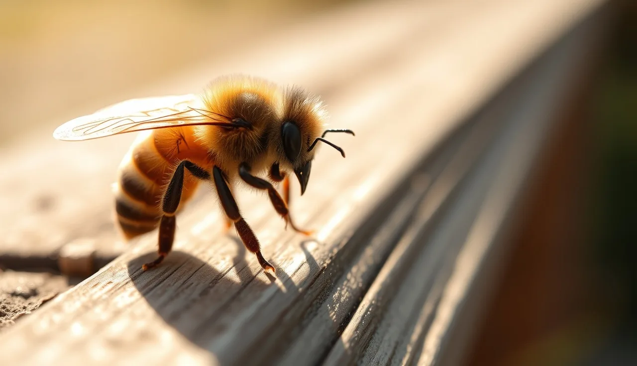 Honey bee on wooden frame with two varroa mites visible on its abdomen