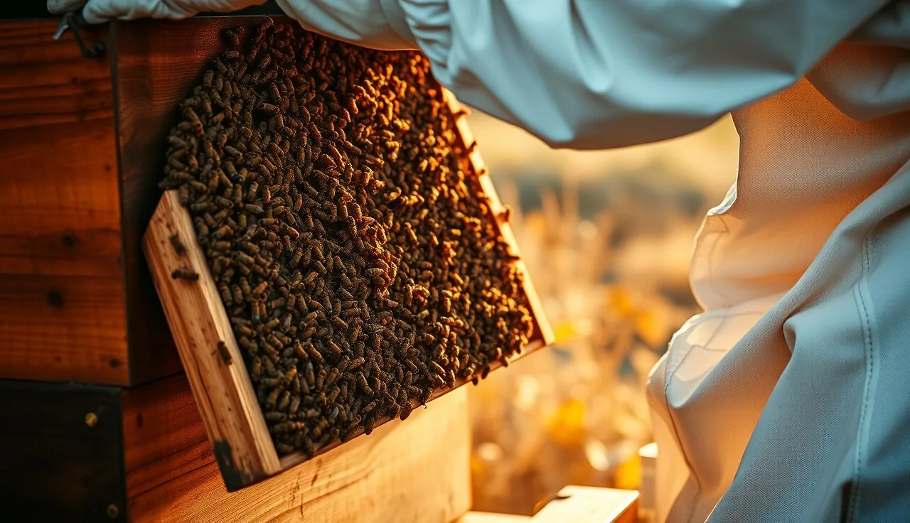 Beekeeper inspecting a fall honey bee colony frame for varroa mite damage