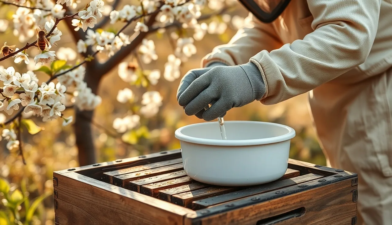 Beekeeper counting varroa mites in white bowl during spring alcohol wash