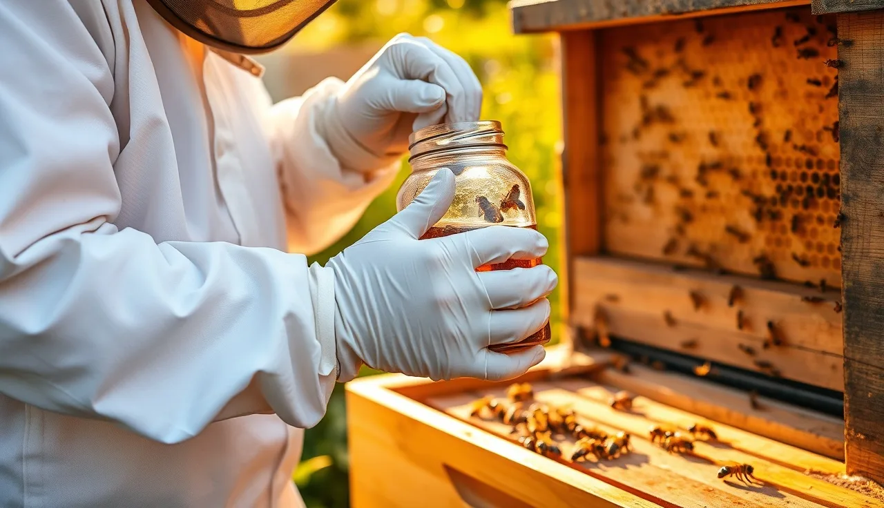 Beekeeper performing an alcohol wash mite count beside an open hive