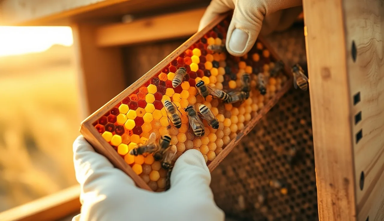 Gloved hand holding capped honey bee brood frame showing hexagonal wax cells