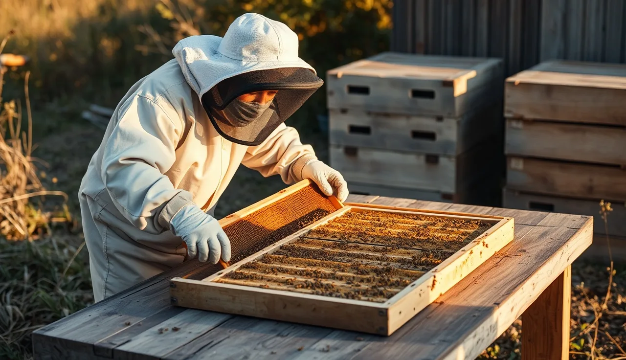 Beekeeper inspecting empty drawn comb frames from a collapsed varroa hive outdoors