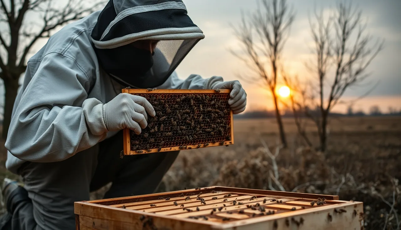 Beekeeper examining near-empty brood frame from a varroa-collapsed colony