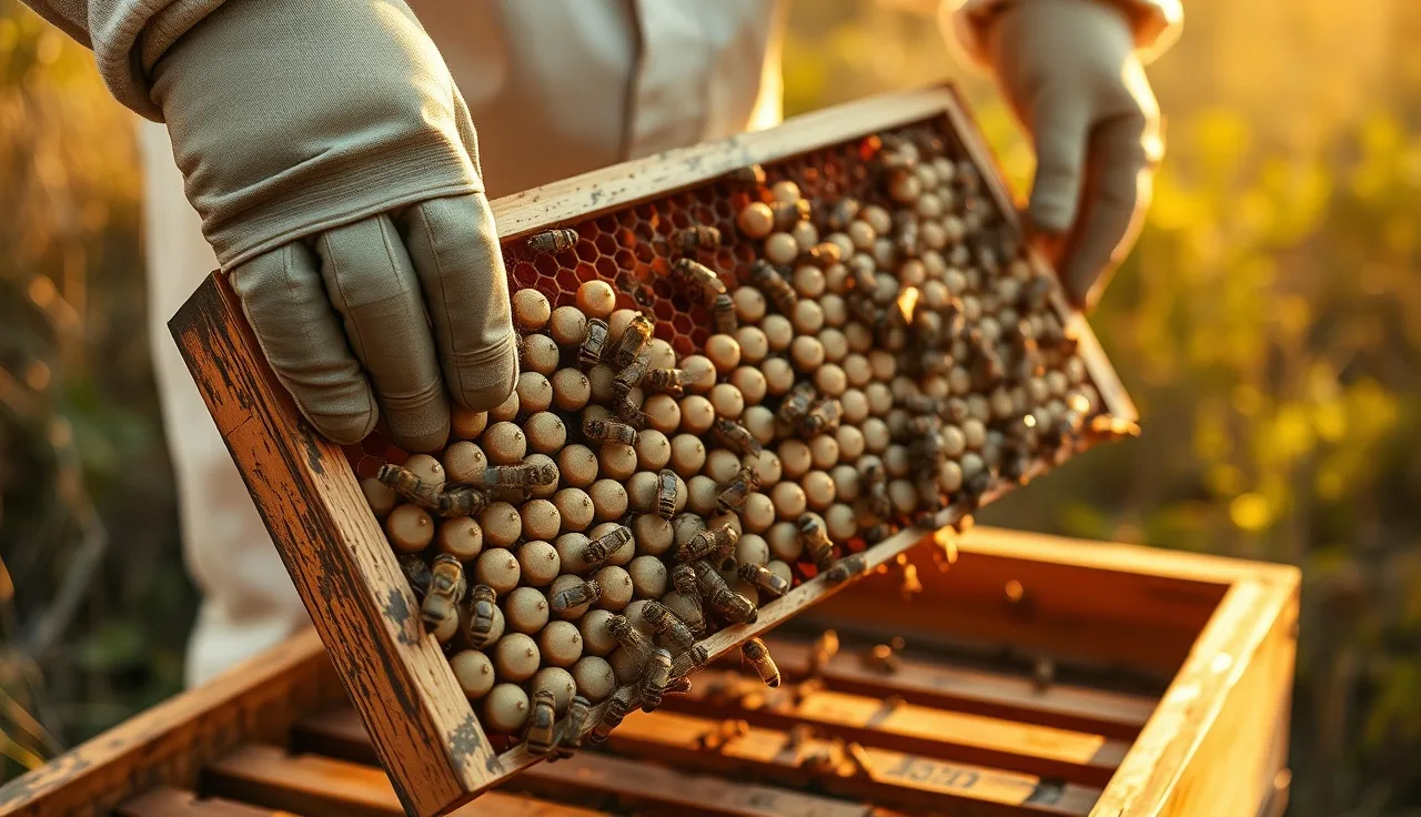 Beekeeper holding a fully capped drone brood frame above a Langstroth hive