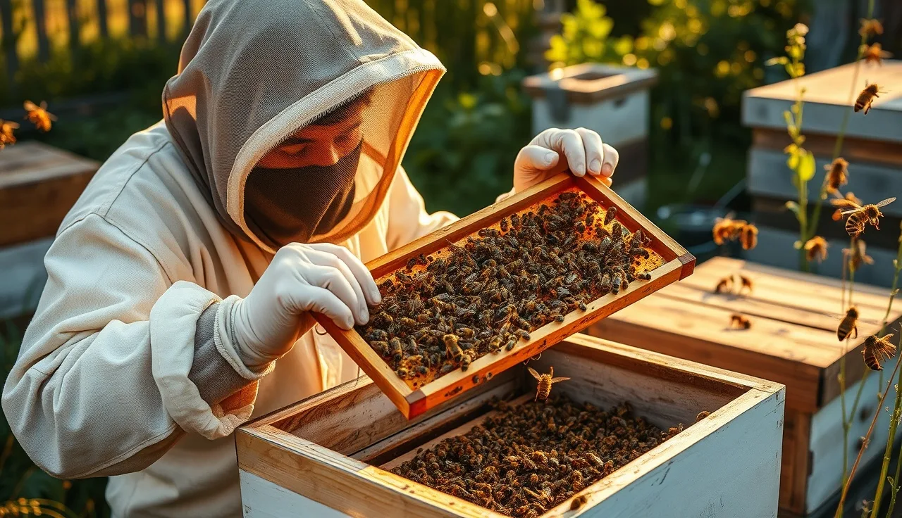 Beekeeper inspecting brood frame from hive with extreme varroa mite load
