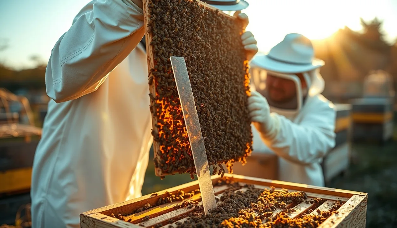 Beekeeper examining an Apivar treatment strip hanging between frames in an active hive