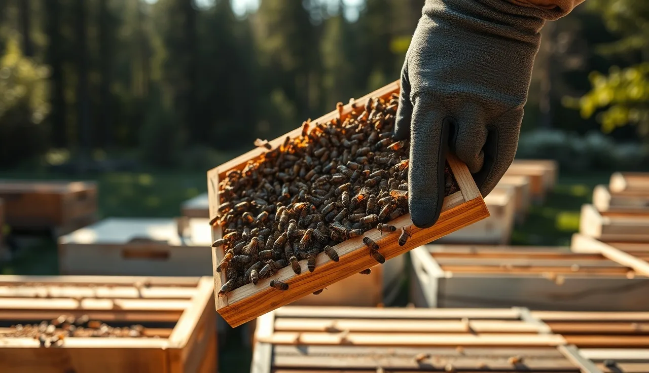 Gloved beekeeper inspecting a brood frame with honey bees for varroa mites
