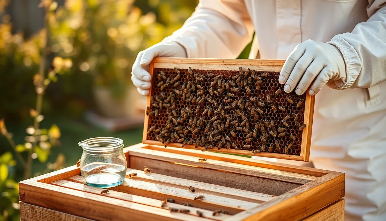 Beekeeper holding a brood frame over an open hive to sample nurse bees for mite count