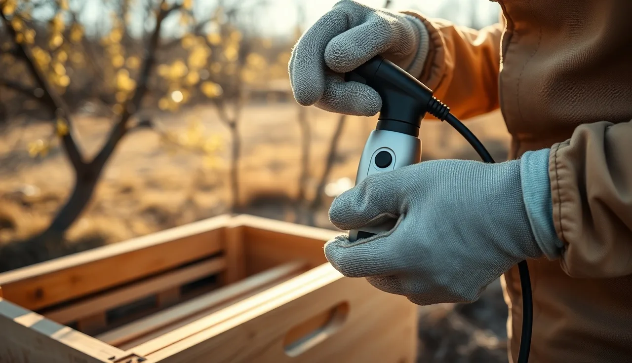 Beekeeper using an electric oxalic acid vaporizer near a wooden hive box outdoors