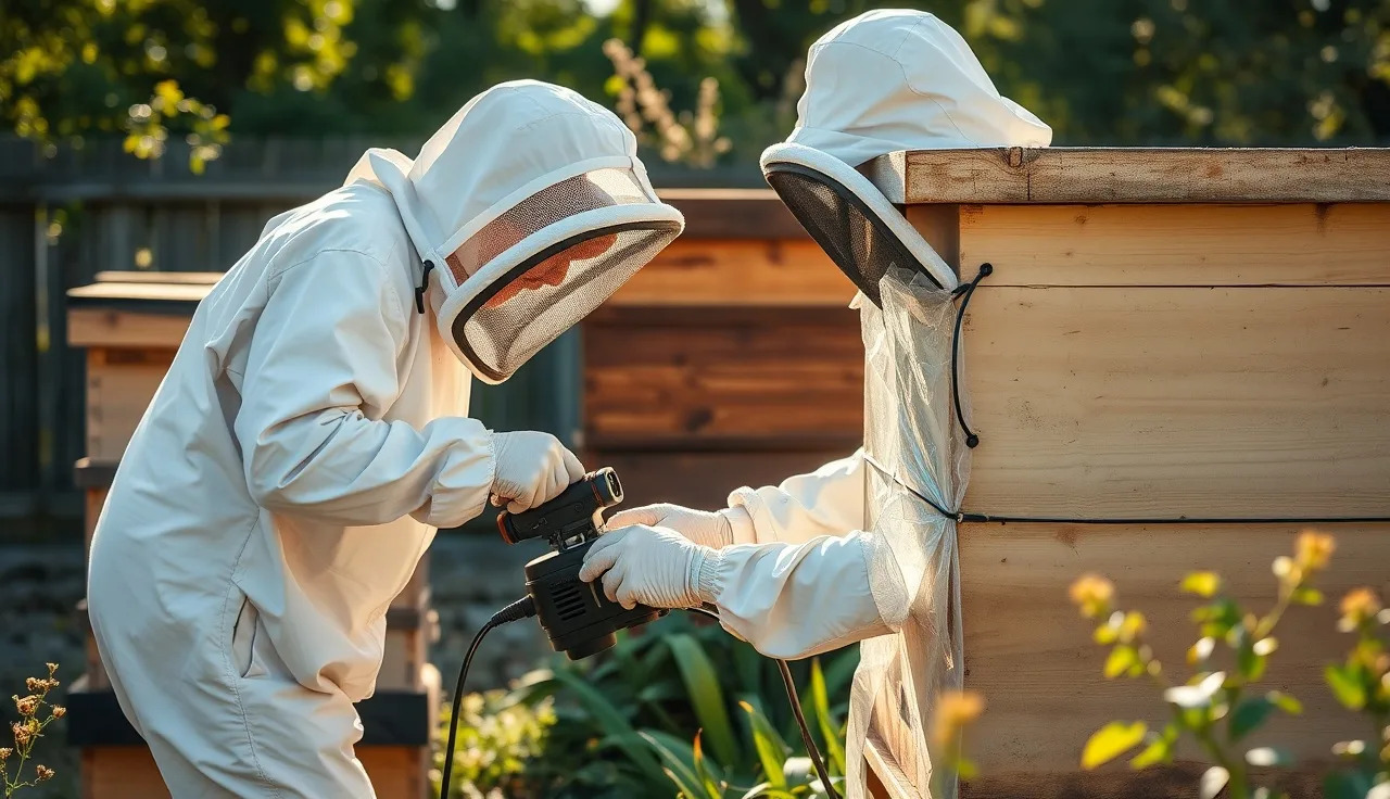 Beekeeper using an electric vaporizer to apply oxalic acid treatment to a Langstroth hive