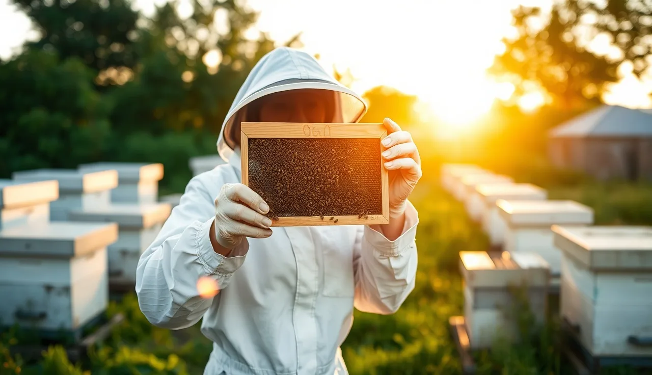 Beekeeper examining a queen cage in a sunlit backyard apiary