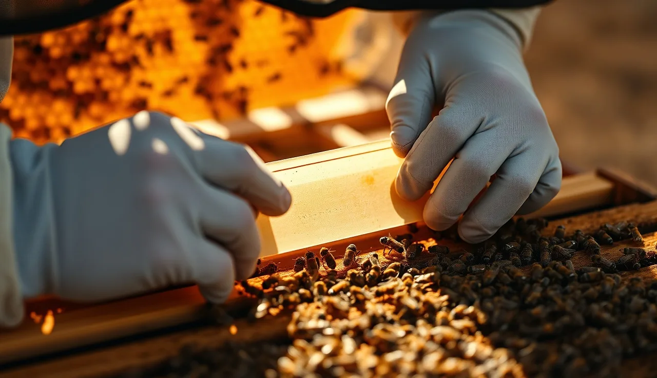 Beekeeper placing an Apivar treatment strip between brood frames inside a hive