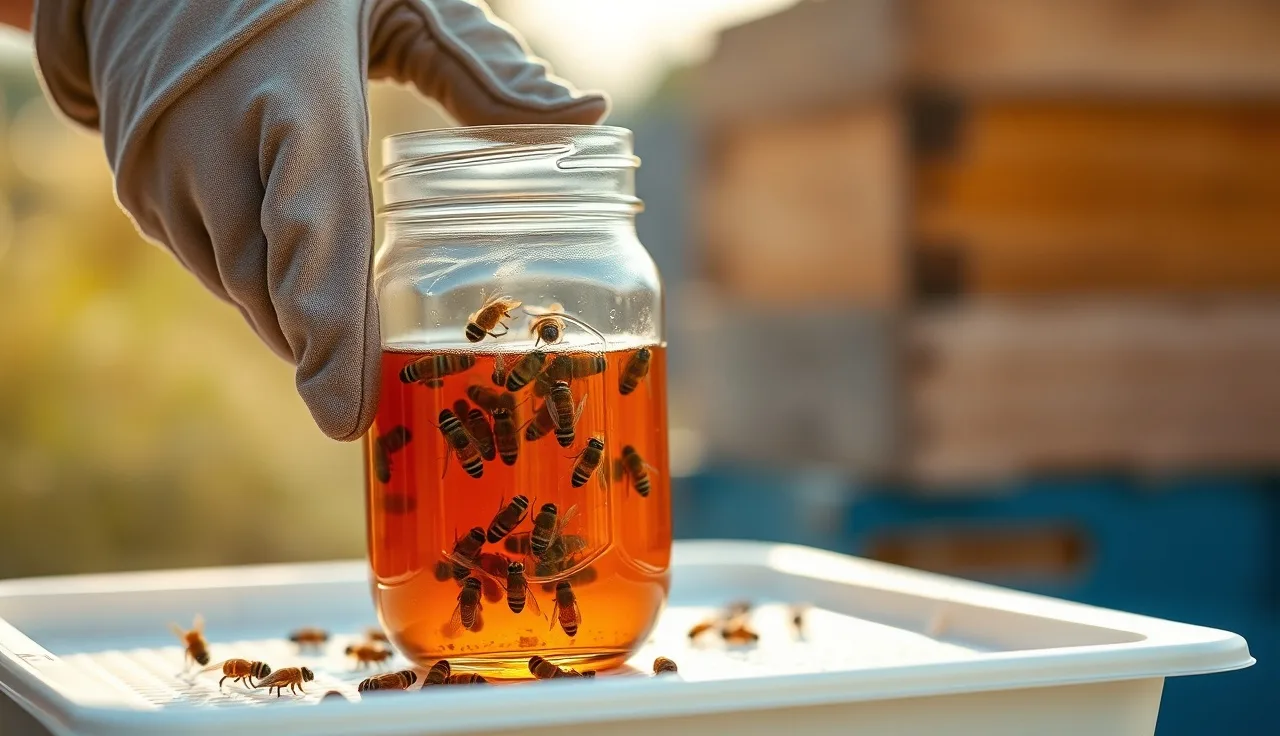Beekeeper performing an alcohol wash varroa mite count with a mason jar