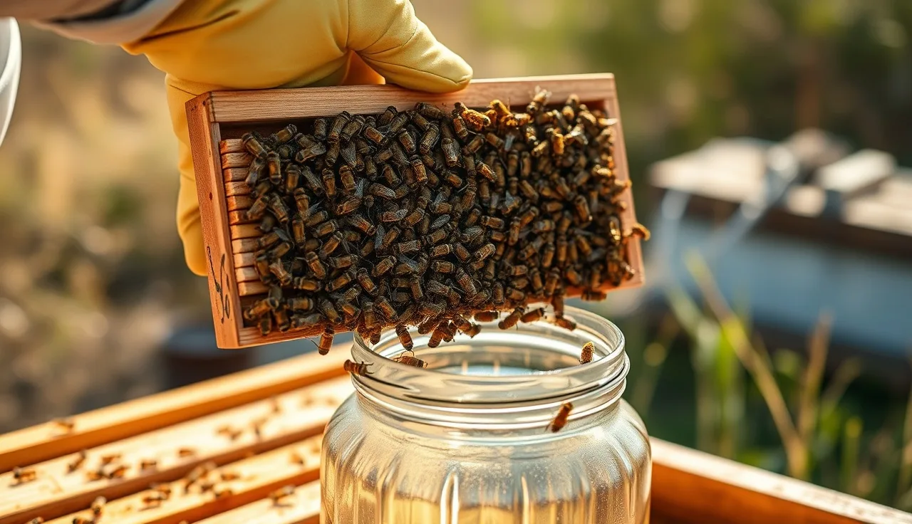 Beekeeper shaking brood frame bees into jar for varroa mite alcohol wash sample