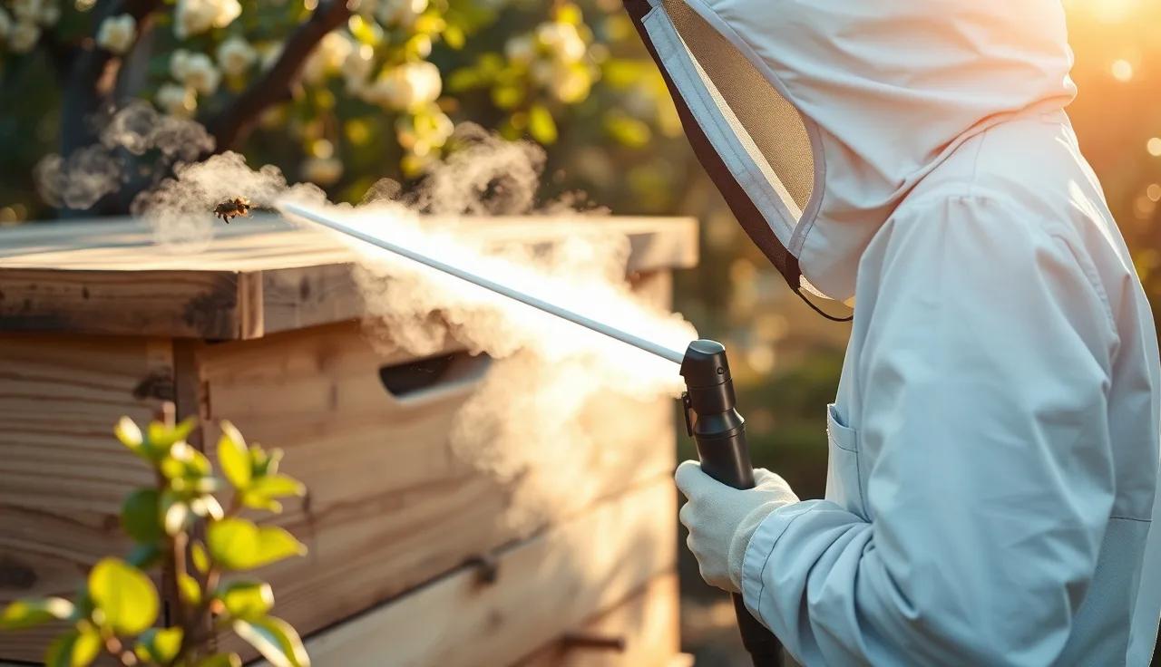 Beekeeper vaporizing oxalic acid into a hive box during varroa treatment