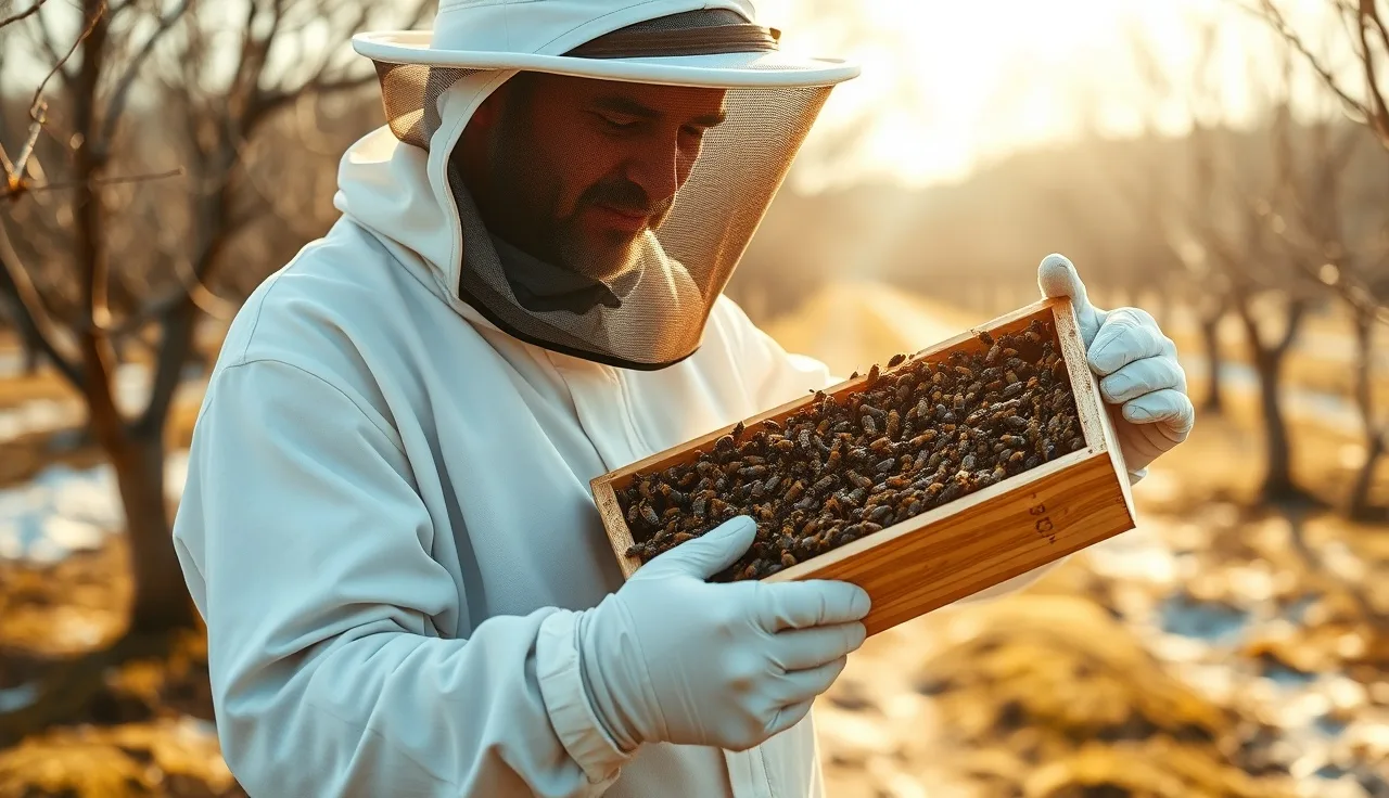 Beekeeper inspecting a brood frame of honeybees during winter for varroa mite assessment
