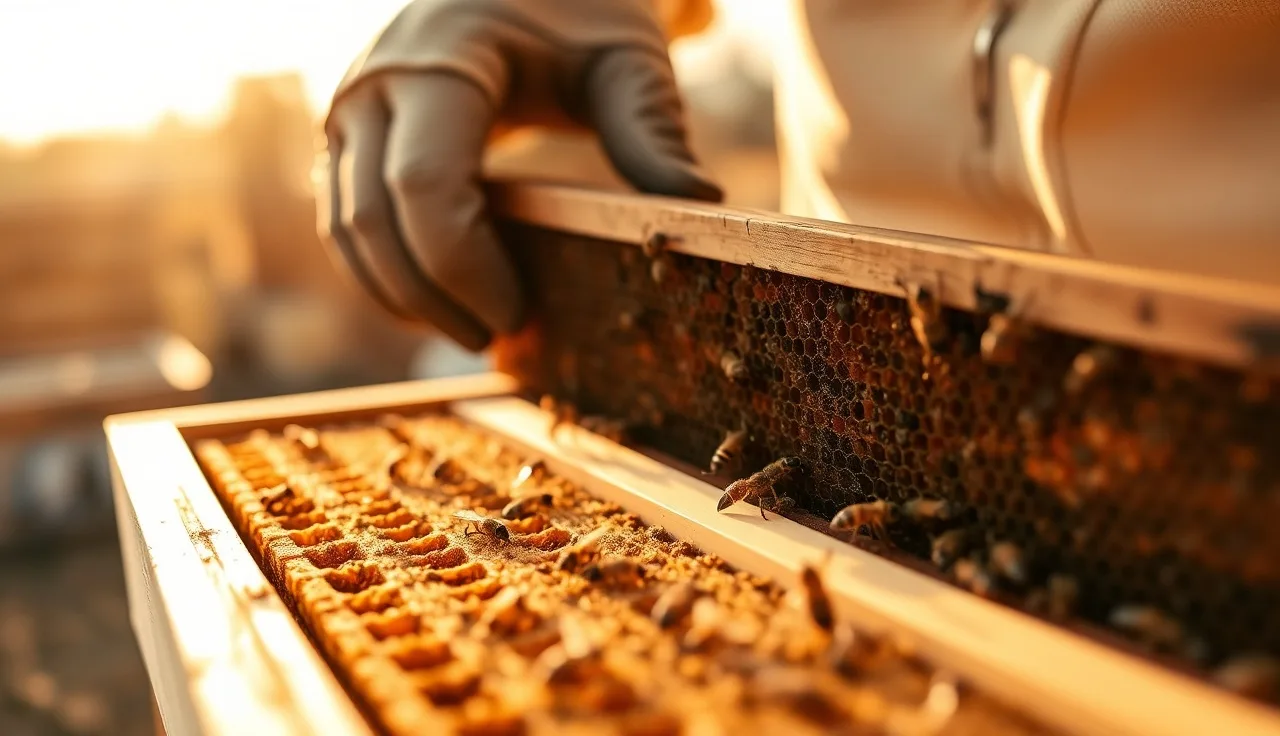 Beekeeper inspecting empty brood frame from a hive during a varroa brood break