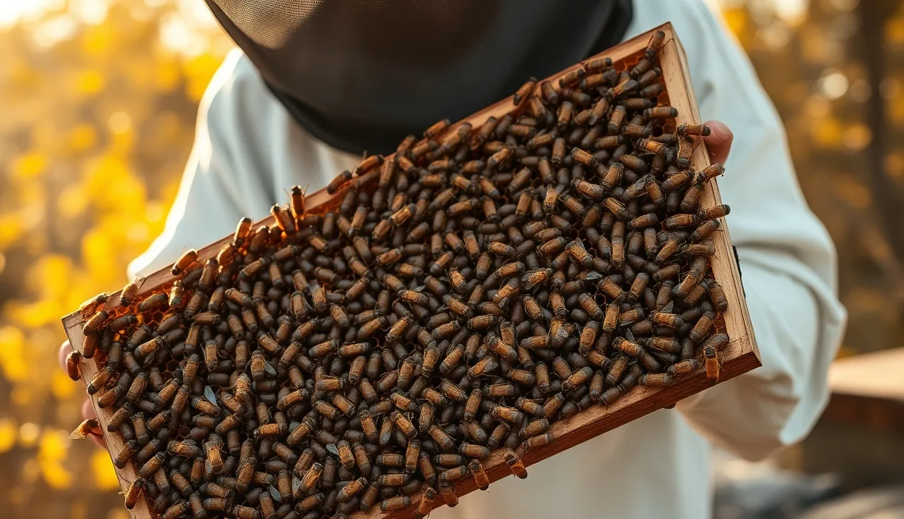 Beekeeper holding brood frame covered in winter cluster bees in autumn apiary
