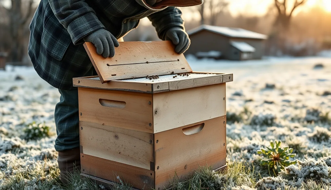 Beekeeper opening a hive cover in winter to inspect for varroa signs